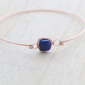 Lapis Lazuli Gold Bracelet , Bezel Wrapped Gemstone Stacking Bangle, 14k Rose Filled, Sterling Silver, Hinge Clasp image 2