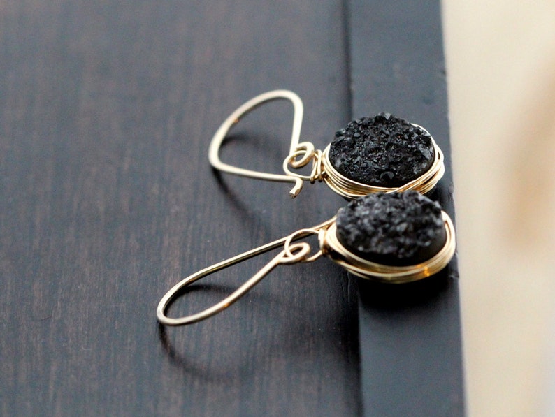 Black Druzy Dangle Earrings , Oval Drop Gemstone Bezel Earrings , Gold , Rose Gold , Silver , Modern Wire Wrapped Jewelry image 3