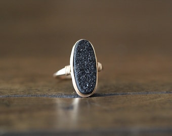 Druzy Oval Gold Ring , Black Statement Gemstone Ring , Gold , Sterling Silver , Rose Gold , Gift Ideas - Eclipse