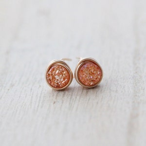 Druzy Gold Studs , Tiny Post Earrings in Gold , Sterling Silver , Rose Gold , Apricot Peach Neutral Micros Clementine image 4