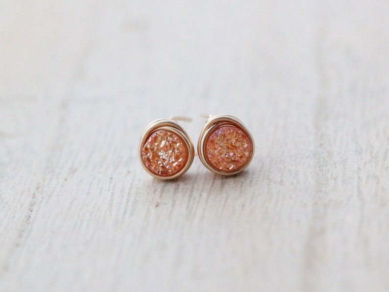 Druzy Gold Studs , Tiny Post Earrings in Gold , Sterling Silver , Rose Gold , Apricot Peach Neutral Micros Clementine image 4