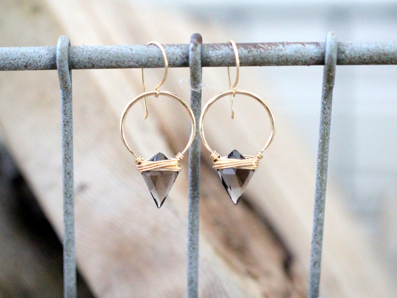 Arrowhead Hoop Earrings , Smoky Quartz Gemstone In Gold , Rose , Sterling Silver , Modern Tribal Fashion Albatross image 5