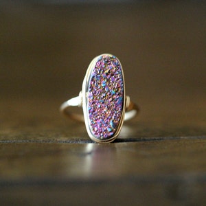 Druzy Statement Gold Ring, Long Oval Rainbow Drusy Quartz Jewelry, Rose, Sterling Silver, Nickel Free, Raw Crystal Solitaire