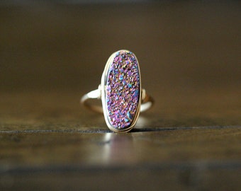 Druzy Statement Gold Ring, Long Oval Rainbow Drusy Quartz Jewelry, Rose, Sterling Silver, Nickel Free, Raw Crystal Solitaire