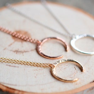 Crescent Moon Necklace, Tusk Necklace, Celestial Half Moon Necklace, Gold, Rose Gold, Sterling Silver, Open Hoop Tilt image 7