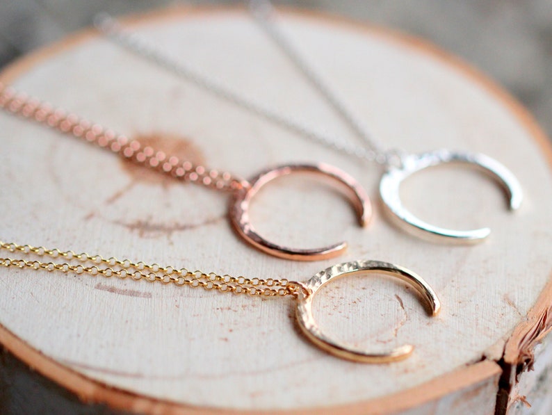 Crescent Moon Necklace, Tusk Necklace, Celestial Half Moon Necklace, Gold, Rose Gold, Sterling Silver, Open Hoop Tilt image 7