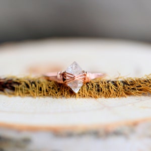 Herkimer Diamond Gold Ring , Boho Wire Wrapped April Birthstone Quartz, Rose Gold, Sterling Silver, Modern Stacking Jewelry image 4
