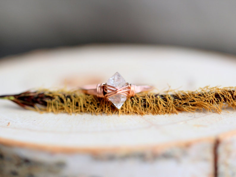 Herkimer Diamond Gold Ring , Boho Wire Wrapped April Birthstone Quartz, Rose Gold, Sterling Silver, Modern Stacking Jewelry image 4