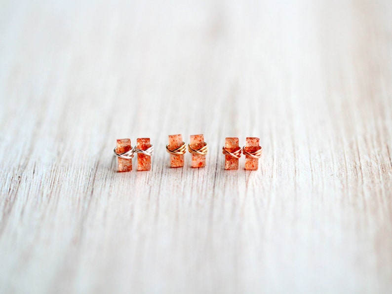 Sunstone Stud Earrings, Baguette Jewelry Gold Tiny Studs, Rose , Sterling Silver, 14k Solid Gold Rectangle Minimalist image 8