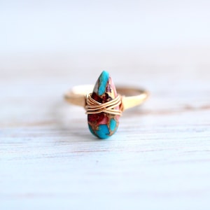 Oyster Turquoise Gold Ring , Hammered Band, Bohemian Statement Stacking Jewelry, Multicolored
