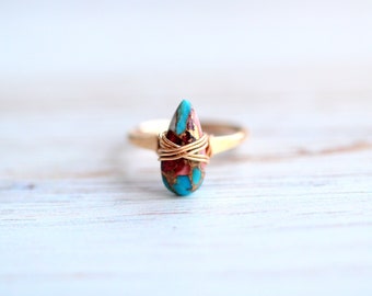 Oyster Turquoise Gold Ring , Teardrop Gemstone Bohemian Hammered Jewelry , Gold Filled, Rose Gold, Sterling Silver