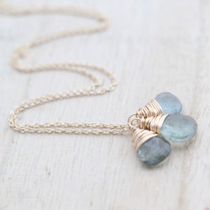 Moss Aquamarine Necklace , March Birthstone Trio Drop Charm Necklace In 14K Gold Filled , Wrapped Gemstone Necklace image 4