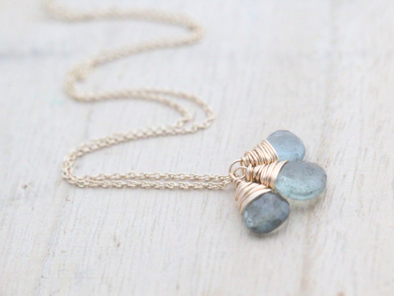 Moss Aquamarine Necklace , March Birthstone Trio Drop Charm Necklace In 14K Gold Filled , Wrapped Gemstone Necklace image 4