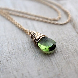 Peridot Necklace In 14K Gold Filled, Wire Wrapped August Birthstone, Apple Green Fall Fashion