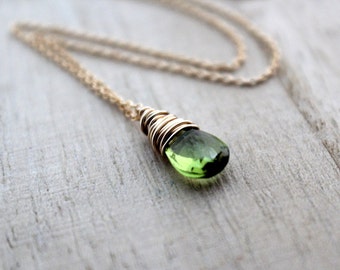 Peridot Necklace In 14K Gold Filled, Wire Wrapped August Birthstone, Apple Green Fall Fashion