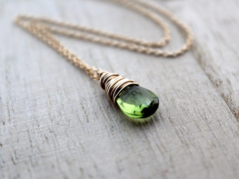 Peridot Necklace In 14K Gold Filled, Wire Wrapped August Birthstone, Apple Green Fall Fashion image 1