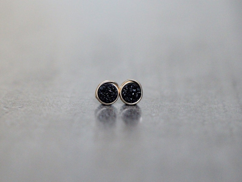 Small Druzy Studs, Druzy Stud Earrings, Black Tiny Post Earrings Gold Rose Sterling Silver, Minimalist Jewelry Gifts Eclipse image 4