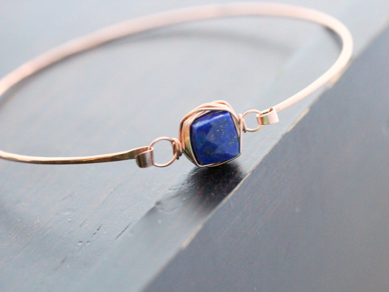 Lapis Lazuli Gold Bracelet , Bezel Wrapped Gemstone Stacking Bangle, 14k Rose Filled, Sterling Silver, Hinge Clasp image 4