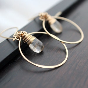 Rutilated Quartz Earrings , Gold Filled Dangle Gemstone Hoops, Rose Gold, Sterling Silver, Hammered Jewelry Angel Face image 1