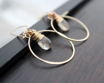 Rutilated Quartz Earrings , Gold Filled Dangle Gemstone Hoops, Rose Gold, Sterling Silver, Hammered Jewelry - Angel Face