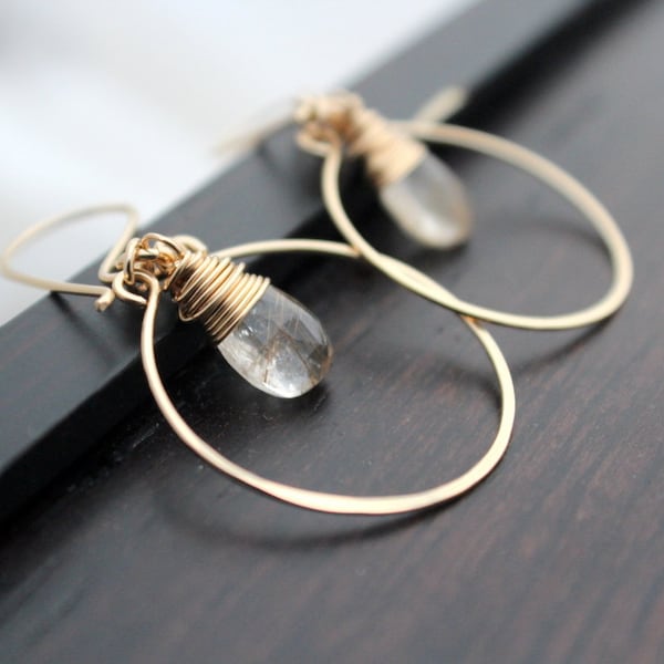 Rutilated Quartz Earrings , Gold Filled Dangle Gemstone Hoops, Rose Gold, Sterling Silver, Hammered Jewelry - Angel Face