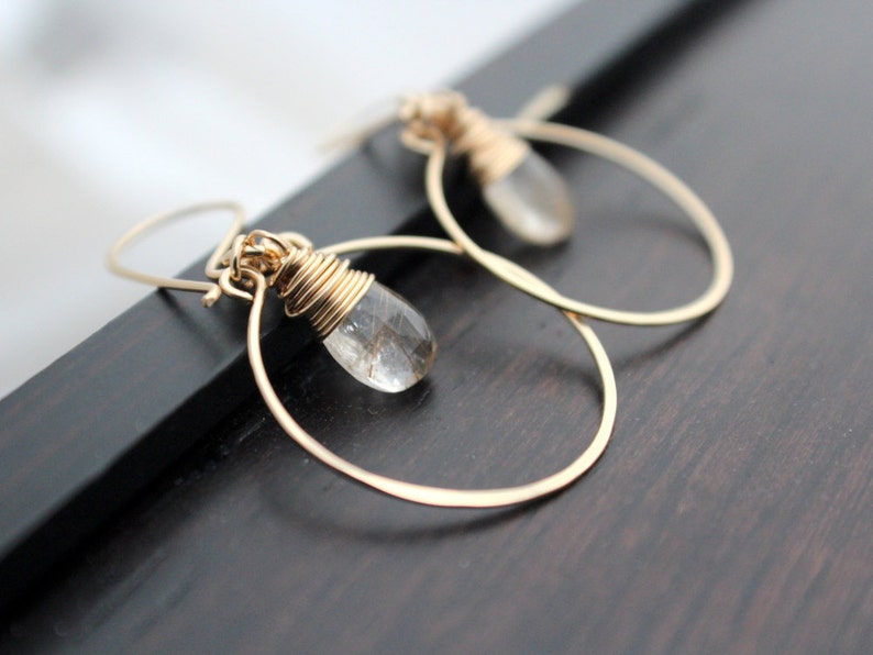 Rutilated Quartz Earrings , Gold Filled Dangle Gemstone Hoops, Rose Gold, Sterling Silver, Hammered Jewelry Angel Face image 1