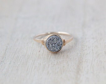 Gold Druzy Ring, Silver Raw Crystal, Gray Druzy, 14k Gold Filled, Rose Gold Filled, Sterling Silver, Wire Wrapped Gemstone Ring