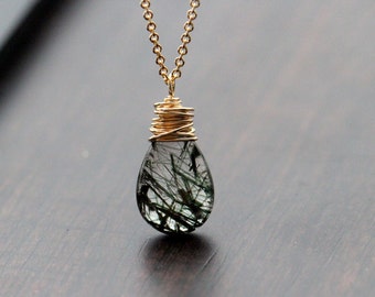 Rutilated Quartz Necklace , Gold Filled Jewelry , Rose Gold , Silver , Green Gemstone Pendant , Modern Necklace  - Botany