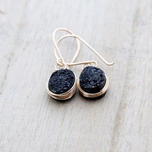 Black Druzy Dangle Earrings , Oval Drop Gemstone Bezel Earrings , Gold , Rose Gold , Silver , Modern Wire Wrapped Jewelry image 5