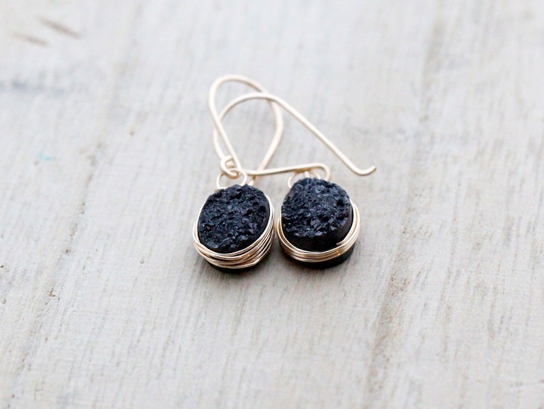 Black Druzy Dangle Earrings , Oval Drop Gemstone Bezel Earrings , Gold , Rose Gold , Silver , Modern Wire Wrapped Jewelry image 5