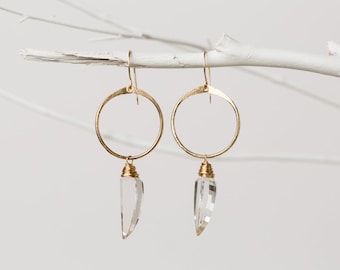 Crystal Earrings, Large Gold Hoops, Edgy Dangle Spike Tooth Quartz Gemstone, Rose Gold, Sterling Silver - Ice Age  ( Worn On This Is Us )