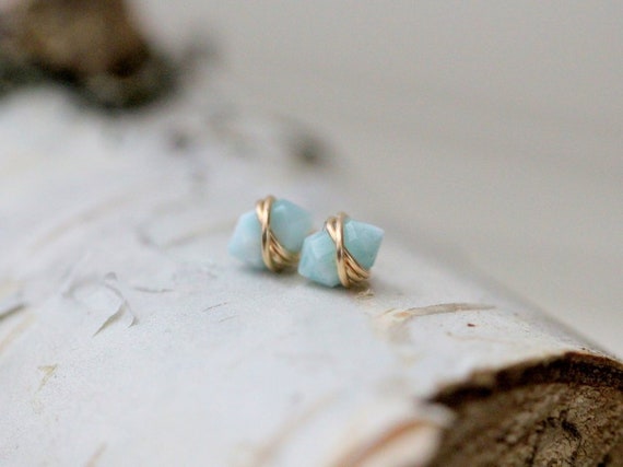 Larimar Gold Studs Small Point Gemstone Petite Post Earrings in Gold Rose Gold Sterling Silver Geometric Natural Stone Pike Etsy