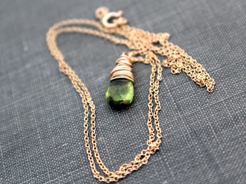 Peridot Necklace In 14K Gold Filled, Wire Wrapped August Birthstone, Apple Green Fall Fashion image 3