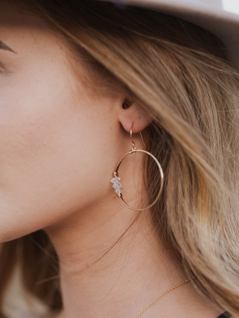 Herkimer Diamond Hoop Earrings, April Birthstone Gold Hoops, Rose Gold, Sterling Silver, Beaded Jewelry, Crystal Statement Earrings Gemini image 2