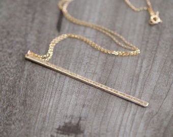 Long Vertical Bar Necklace , Gold Layering Pendant , Bohemain Hammered Bar , Rose Gold , Sterling Silver , Minimalist Jewelry