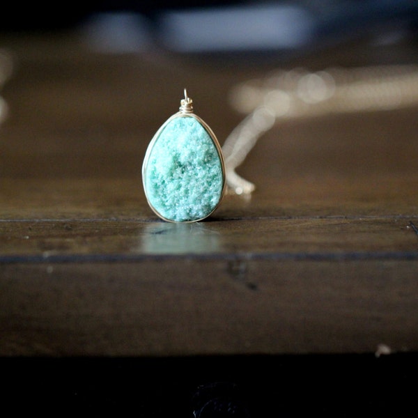 Druzy Teardrop Necklace, Gold Bezel Wrapped XL Large Mint Green Turquoise Quartz Pendant, Christmas Gift Ideas  - Buttermint