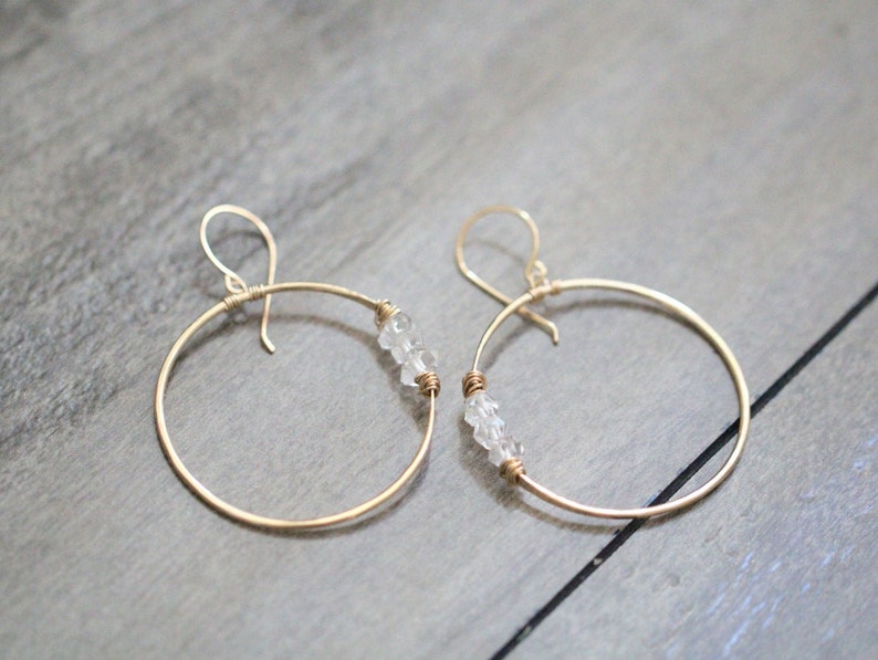 Herkimer Diamond Hoop Earrings, April Birthstone Gold Hoops, Rose Gold, Sterling Silver, Beaded Jewelry, Crystal Statement Earrings Gemini 14k Gold Fill