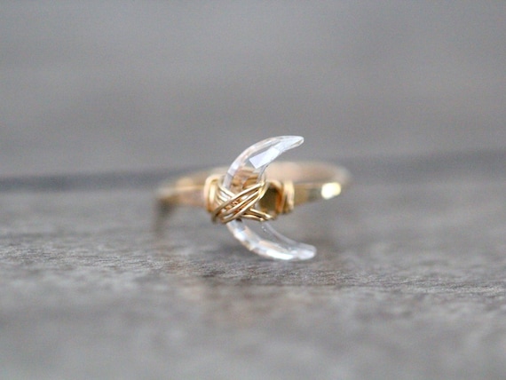 Crescent Moon Ring, Crystal Quartz Celestial Bohemian Jewelry - Moonbeam