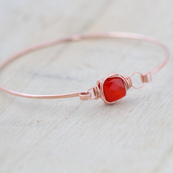 Carnelian Rose Gold Bracelet , Bezel Wrapped Stacking Gemstone Bangle , 14K Gold Filled , Rose , Sterling Silver , Tangerine Orange