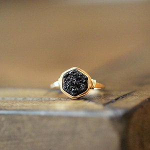 Hexagon Druzy Ring , Black Stacking Gemstone Bezel Wrapped Ring in Silver , Gold , Rose , Geometric Raw Crystal Ring Eclipse image 3