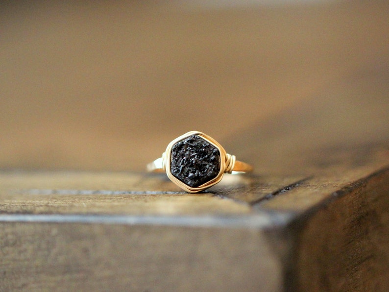 Hexagon Druzy Ring , Black Stacking Gemstone Bezel Wrapped Ring in Silver , Gold , Rose , Geometric Raw Crystal Ring Eclipse image 3