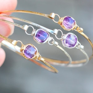 Amethyst Gold Bracelet, Stacking Bangle, Bezel Wire Wrapped Dainty Jewelry, February Birthstone Gift Ideas