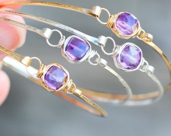 Amethyst Gold Bracelet, Stacking Bangle, Bezel Wire Wrapped Dainty Jewelry, February Birthstone Gift Ideas