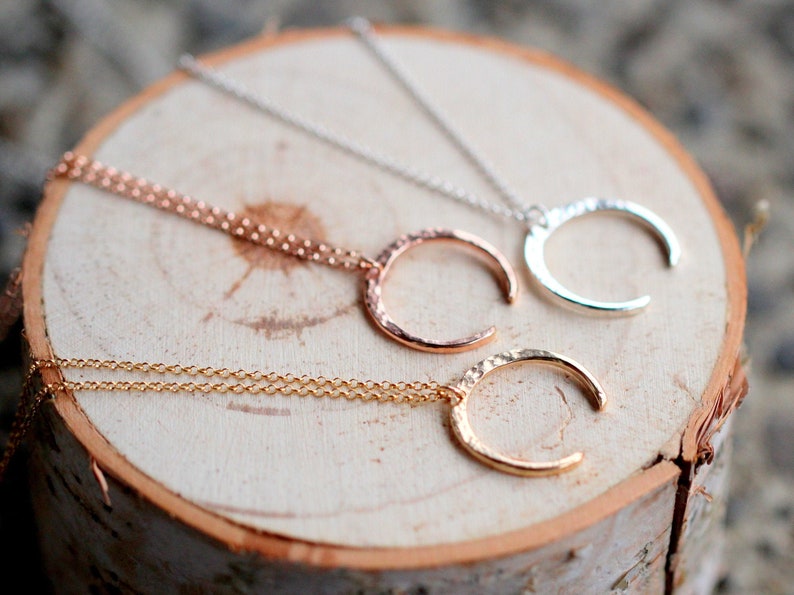 Crescent Moon Necklace, Tusk Necklace, Celestial Half Moon Necklace, Gold, Rose Gold, Sterling Silver, Open Hoop Tilt image 1