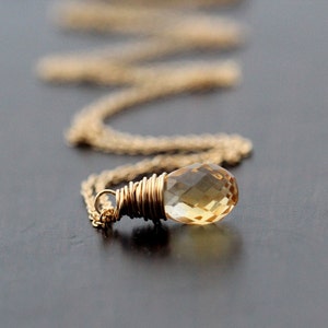 Citrine Gold Necklace, Gemstone Charm Pendant, Gold Rose Silver, Teardrop November Birthstone Jewelry - Lemondrop