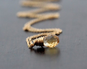 Citrine Gold Necklace , Gemstone Drop Pendant in 14k Gold Filled, Rose, Sterling Silver, Teardrop November Birthstone Jewelry - Lemondrop