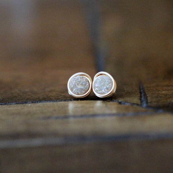 Tiny Druzy Studs , Small Post Earrings , Gold Filled , Sterling Silver , Rose Gold , Minimalist  Champagne - Micros ( Sandpaper )