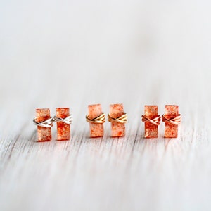 Sunstone Stud Earrings, Baguette Jewelry Gold Tiny Studs, Rose , Sterling Silver, 14k Solid Gold Rectangle Minimalist image 2