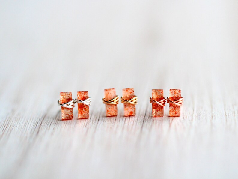 Sunstone Stud Earrings, Baguette Jewelry Gold Tiny Studs, Rose , Sterling Silver, 14k Solid Gold Rectangle Minimalist image 2