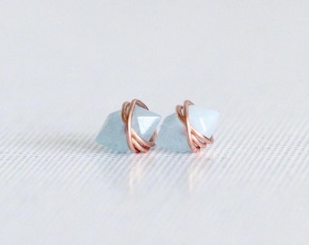 Aquamarine Stud Earrings , Gold March Birthstone , Rose, Sterling Silver, Double Pointed Crystal - Pike
